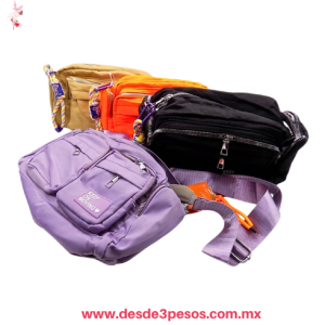 Bolso Nailon en Varios Tonos 6 Divisiones con Cierres Llavero y Parche Frontal con frase