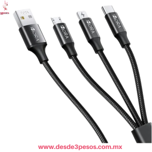 Cable 3 en 1 V8, Tipo C, 1mt. Largo Marca 1Hora Carga y Datos CAB259