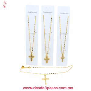 Cadena con Dije en forma de Cruz cubierto con pedreria de Oro Laminado en varios modelos 27 cm de largo XH7910