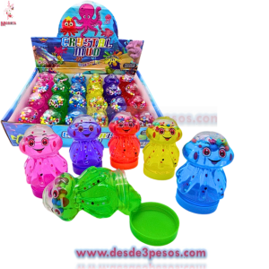 Caja con 24 piezas de Slime en  Figura de PULPO colores con glitter y bolitas de unicel  6cm