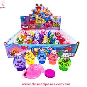 Caja con 24 piezas de slime en figura de CANGREJO con Glitter y bolitas de unicel 6 cm