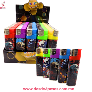 Caja con 50 Encendedores de bolsillo Personalizados Boom con Boton Pulsador 8 x 3 cm. DIS-3000