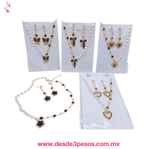 Collar de Metal Largo Con Perlas 26 cm y Aretes Con Dijes 6 cm largo XH7902 