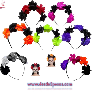 Diadema Plastica de Catrina Forrada con 6 Flores en colores Neon 13 cm