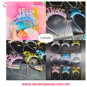 Diadema con letras FELIZ CUMPLEAÑOS y Banda en colores 1.60 cm largo 