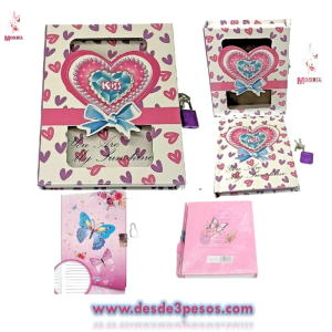Estuche con Diario Grande con candado, y hojas estampadas 7 Modelos diferentes, Medidas 21 X 14.5 cms