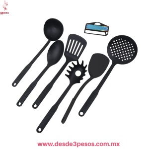 Juego de 6 Utensilios de Cocina de Plastico Resistente color Negro 29 y 30cm. De largo 