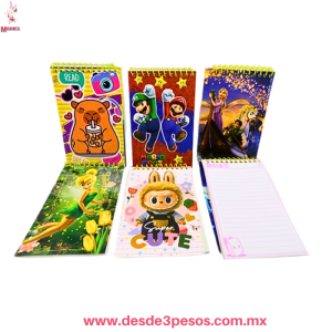 Libreta Takiy con Espiral de plastico en parte Superior 40 hojas a rayas 17 x 11cm, pasta con personajes 