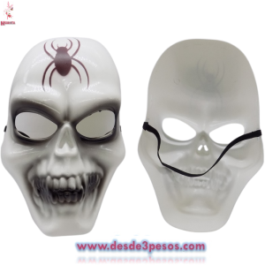 Mascara de Plastico Duro en forma de Calavera Decorada con Araña en color Blanco  26 x 16cm.