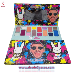 Paleta Bad Bunny con 16 tonos de sombras en color mate y glitter incluye espejo,Favor Beauty,  , 22 x 10cm. 