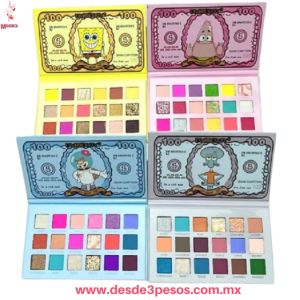 Paleta de Sombras Bob Esponja Patricio, Arenita, Calamardo FAVOR BEAUTY 18 Tonos Vibrantes, Acabado Profesional 17 x 10 cm. 