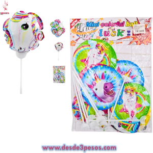 Paquete con 12 Globos Autoinflables con Figura de Unicornio con Base 11.5 cm. De diametro 