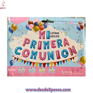 Paquete con 17 globos lisos con la palabra MI PRIMERA COMUNION en colores 40 x 15 cm