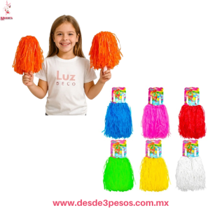 Par de pompones mechudos color mate tipo lluvia con mango de plastico, variedad de colores 30 cm de largo 
