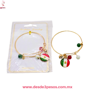 Pulsera Ajustable Dorada con Dije de la Bandera de México y Cristales 