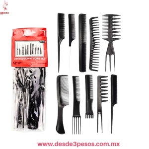 Set Profesional de 10 Peines para Estilismo y PeluquerÃ­a 21X3CM. Kit AntiestÃ¡tico Negro ITEM NO:10-10