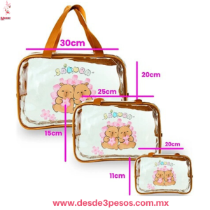 Set de 3 Cosmetiqueras CAPIBARA Hule grueso Transparente 30 x 20, 25 x 15 y 20 x 11 cm. 