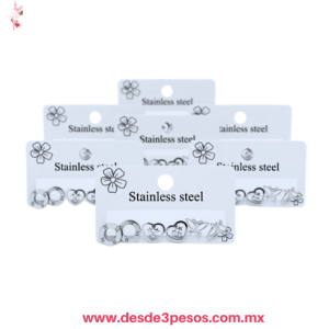Tira con 12 paquetes con 3 par de Aretes diferente figuras en Acero Inoxidable XH7811