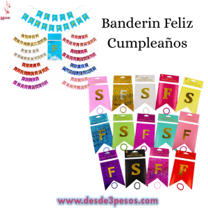 Tira de Banderines FELIZ CUMPLEAÃ‘OS 8 tonos de holograma 190cm.