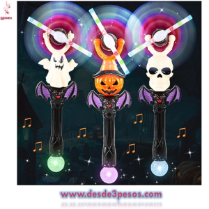 Varita de Luz Led Giratoria Musical para Halloween 3 modelos 42 x 11cm. Ocupa 3 pilas AA no incluidas 