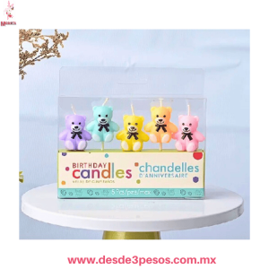 Velas de Cumpleaños Ositos Teddy - Set 5 Piezas Pastel 4 X 3cm. ITEM NO:27231