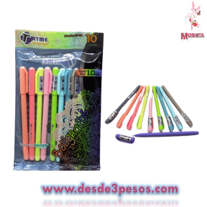 bolsa con 10 Boligrafos 10pza. Punto fino 1.0mm en colores pastel tinta ultra suave 